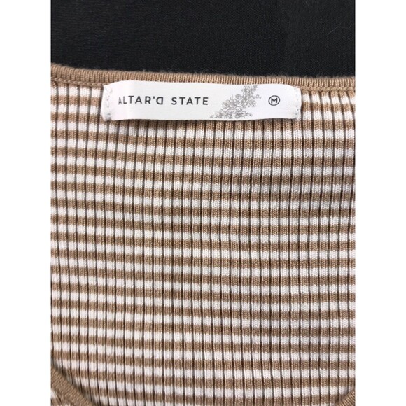 Altar'd State Cropped Ribbed Long Sleeve V-Neck Striped Tan White Sweater Medium - Picture 5 of 8